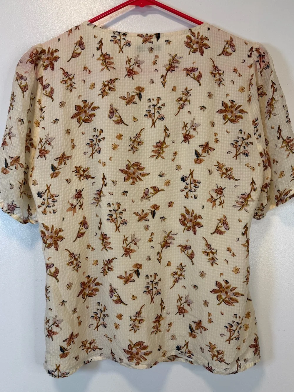 Madewell Cream Floral Gingham Silk V-Neck Blouse Puff Sleeves Women’s Size 8